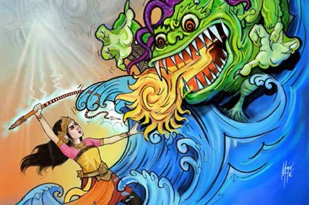 Illustration of a young female superhero fighting a fire-breathing water monster.