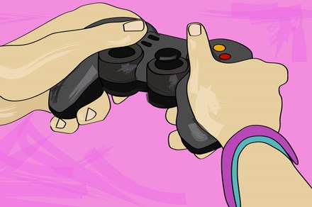 Digital illustration of a pair of hands holding a black video game controller, with purple and blue bracelets on one wrist, on a hot pink background.