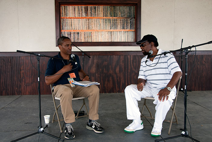 Curator Mark Puryear interviews soul singer William Bell with the Stax Music Academy at the 2011 Folklife Festival's <em>Rhythm and Blues</em> program. Photo by Michelle Arbeit, Ralph Rinzler Folklife Archives