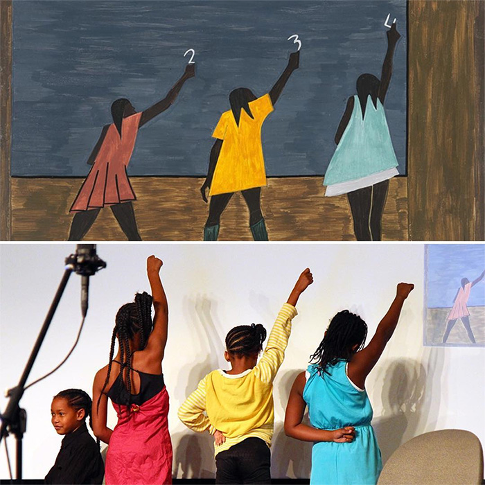Students from the Washington School for Girls imitate Jacob Lawrence's painting "In the North the Negro had better educational facilities" (1940). Photo courtesy of the Phillips Collections