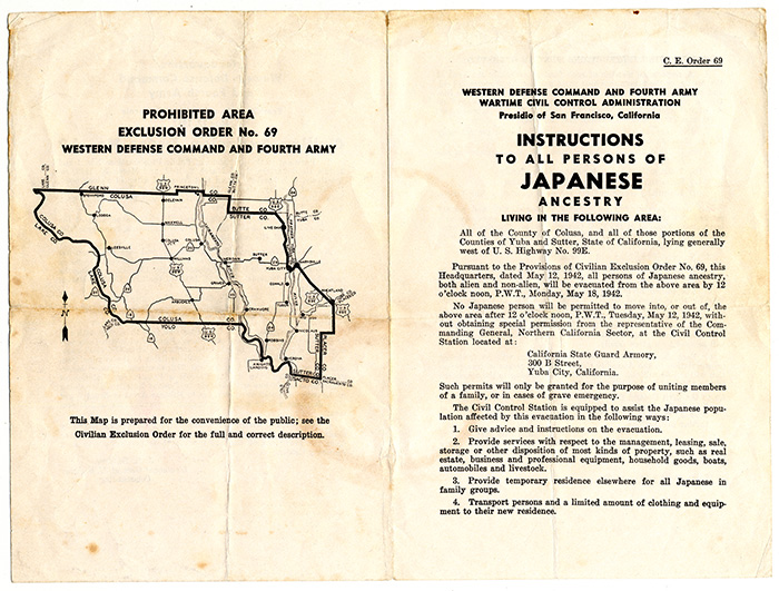 This civilian exclusion order was posted for communities in Yuba City, northeast of San Francisco, instructing them of their removal from the area on May 12, 1942. Robert Fuchigami Collection, Smithsonian’s National Museum of American History