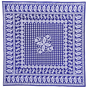 Square tapestry in blue with a white floral design.